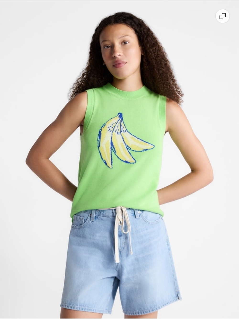Free Assembly Green Bananas Sleeveless Graphic Sweater Top Coastal Beach Tropic